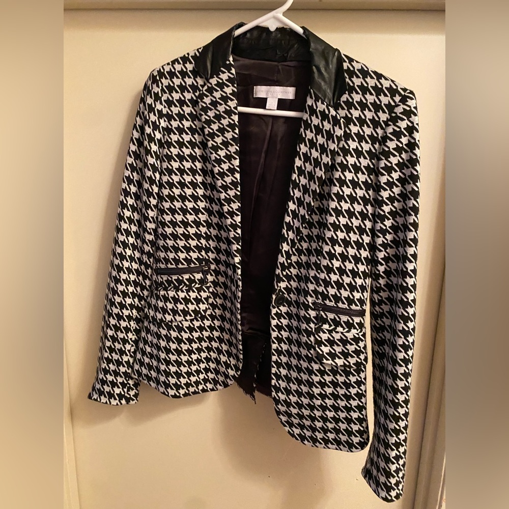 Houndstooth Blazer with Faux Leather Collar